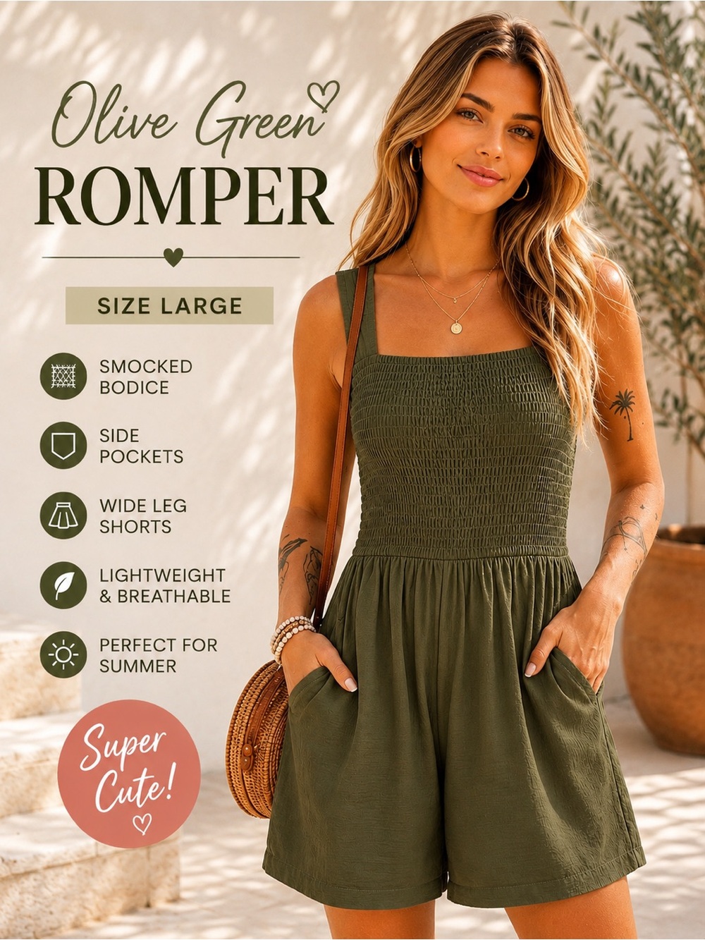 Olive Green Smocked Romper Medium Pockets Wide Leg Shorts Summer